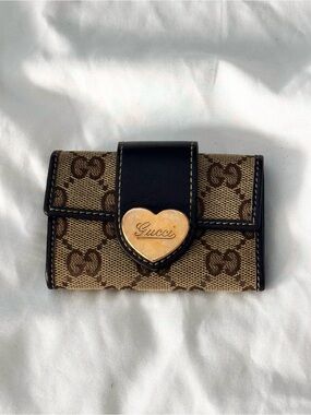 Gucci Brown GG Monogram Canvas Card Holder with Gold Heart Emblem